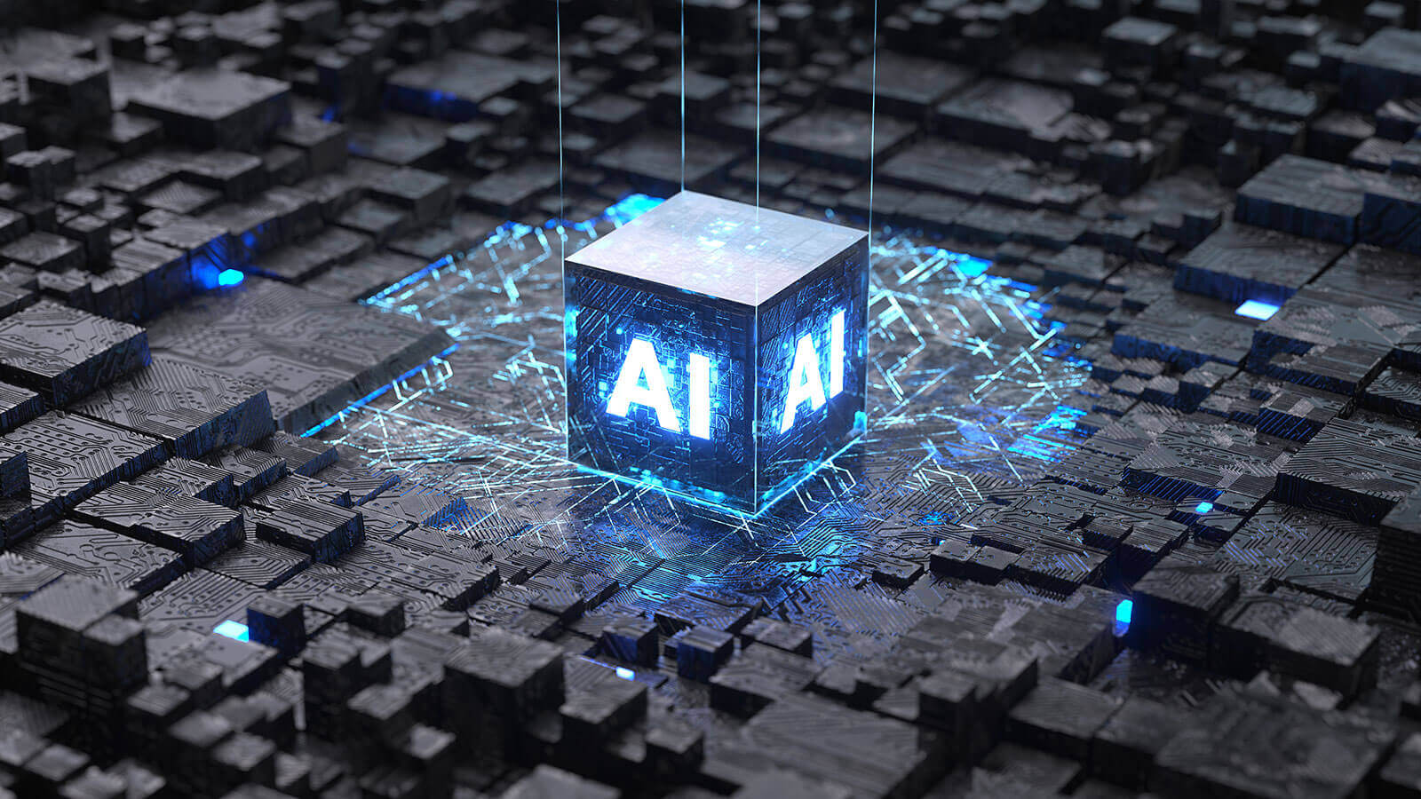 Lit up block with AI written on it in virtual computer motherboard landscape