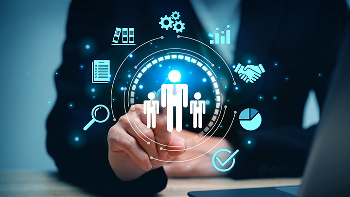 Graphic of someone pressing an image of three people and icons