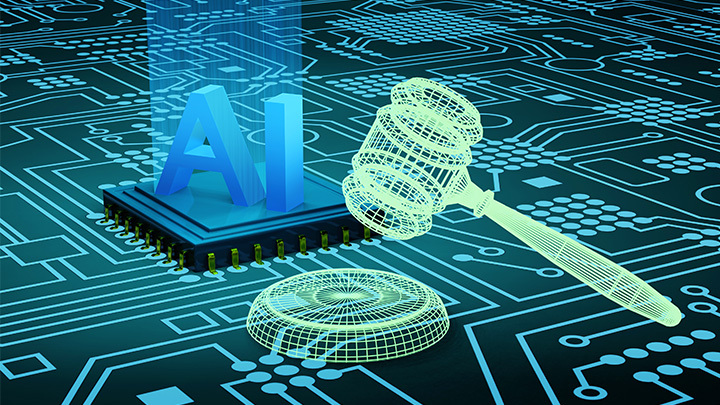 Computer graphic of judge's gavel and AI